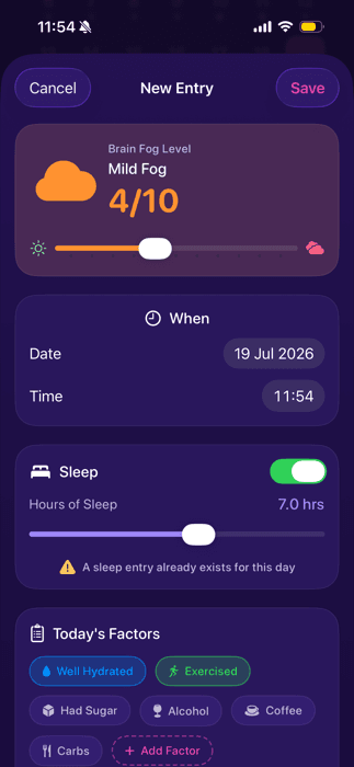 Screenshot of the FoggyBrain app: Log in two taps